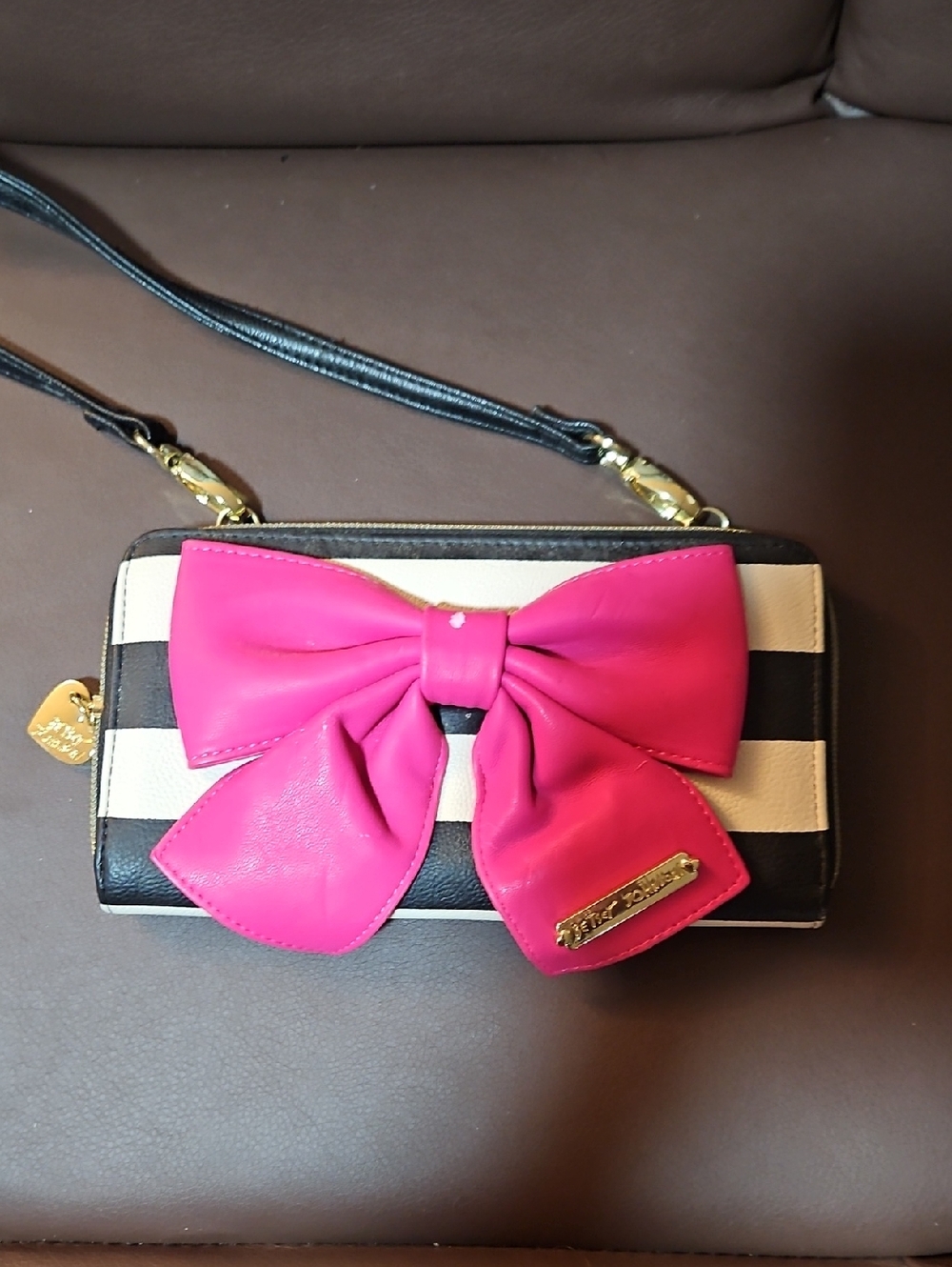 Betsey Johnson Black & White Striped Wristlet with Hot Pink Bow